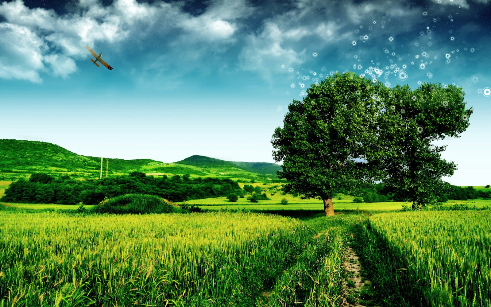 Computer Nature Rural Background Wallpaper : sunlight, trees, landscape, digital art, hill, nature, sky ...