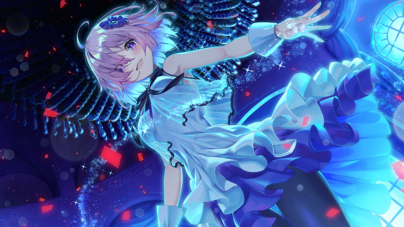 šaty, fialové oči, fialové vlasy, punčocháče, ruměnec, luk, Wristwear, zvedání sukně, krátké vlasy, anime dívky