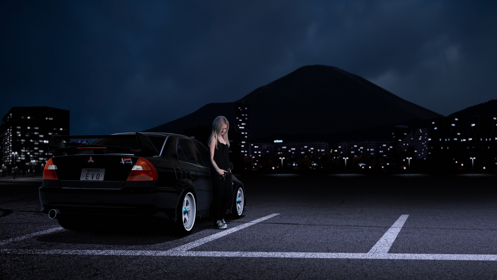 granturismo6, mitsubishi, kopiník, evo, vývoj, noc, město, fuji, parkoviště, dívka, Avrillavigne