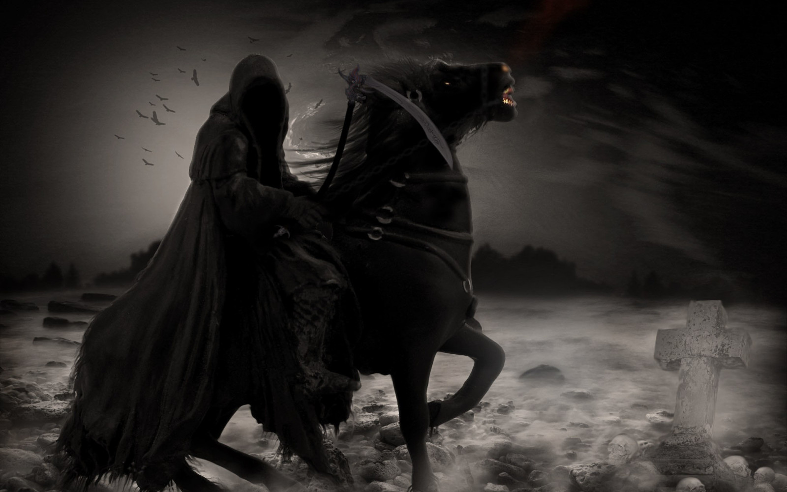 jezdec, temný, černobílý