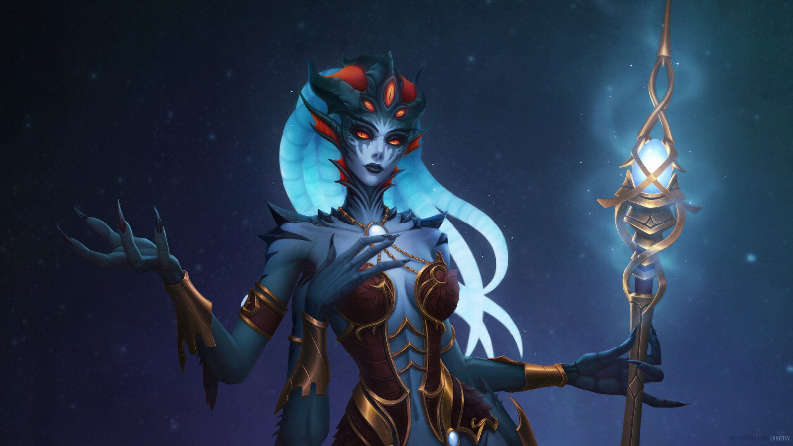 Fanfoxy, tegning, Warcraft, Azshara, undervands-, glødende, rustning, guld, personale, røde øjne, skalaer, lange negle