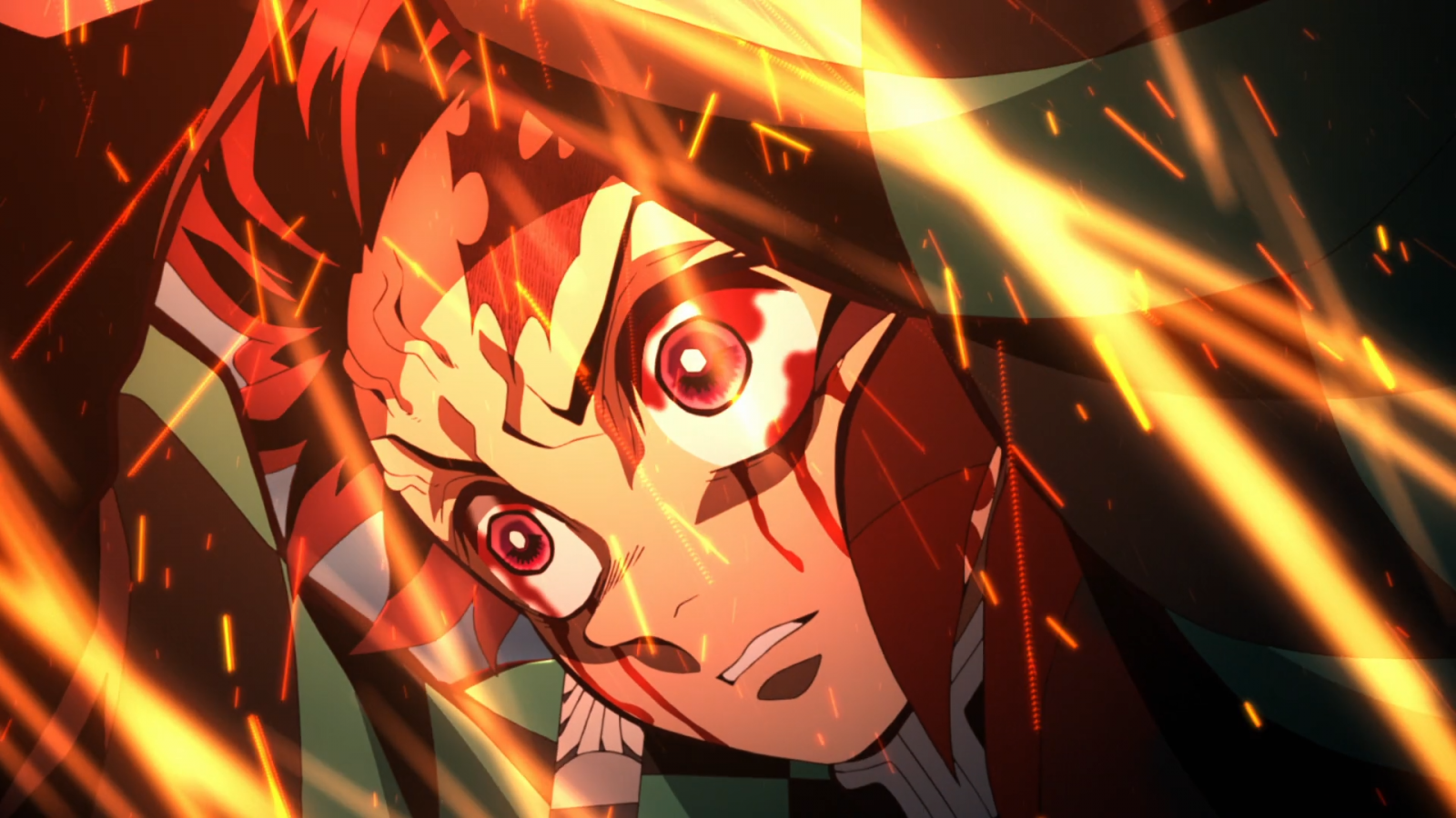 Kimetsu no Yaiba, Anime, Anime screenshot, Kamado Tanjiro, brinco, fogo, noite, quimono, Katana, Meninos anime