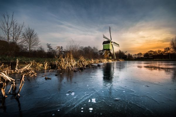 Dutch, holland, wide, windmill, ice, gorinchem