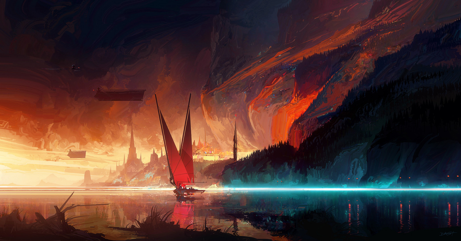 Bastien Grivet, digitální, digitální umění, umělecká díla, ilustrace, krajina, Příroda, mraky, západ slunce, abstraktní, jezero, loď, útes, sci-fi