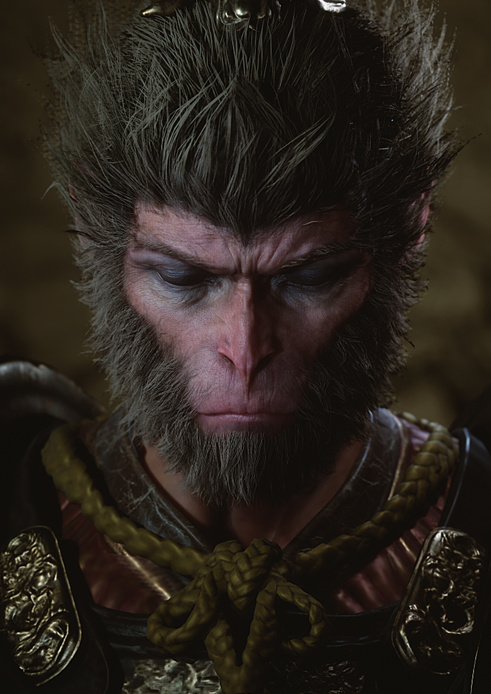 Black Myth Wukong, Monkey King, monkey, animals, portrait display, closed eyes, video games, video game characters, CGI, video game man, frown, blurred, blurry background