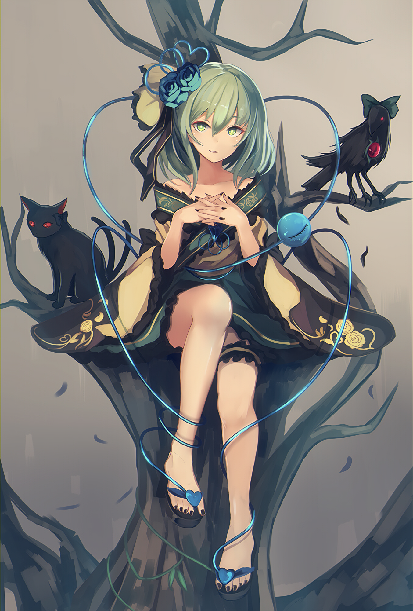 ilustrace, kočka, dlouhé vlasy, anime, anime dívky, nohy, zelené oči, kreslená pohádka, Havran, Nohy, Zelené vlasy, Komeiji Koishi, mangaka