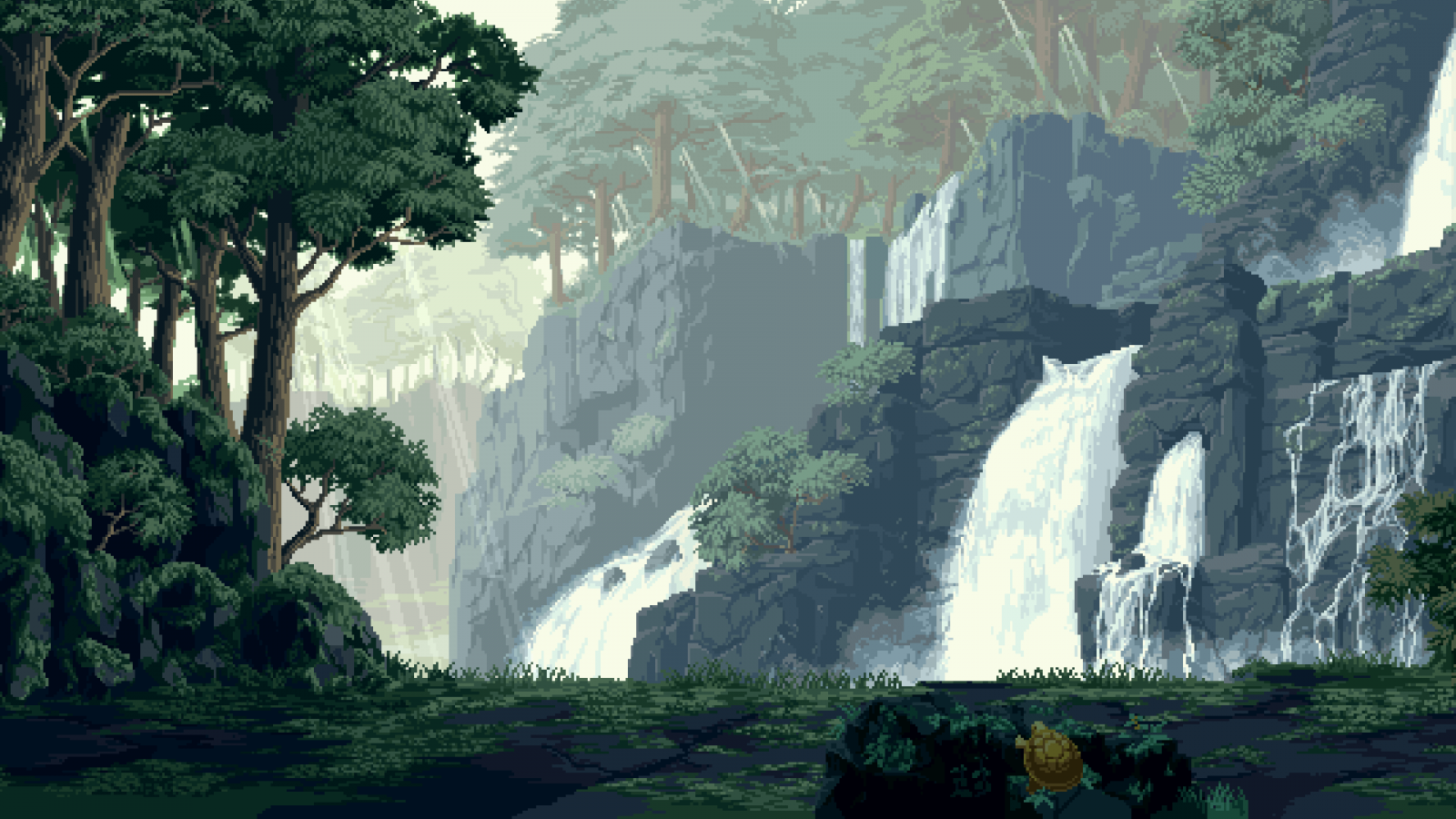 alberi, paesaggio, foresta, cascata, arte digitale, pixel art, roccia, natura, scogliera, pixel, Parco Nazionale, pixelated, giungla, tartaruga, Formazione, Terreno, corpo d'acqua, fenomeno geologico, giochi d'acqua