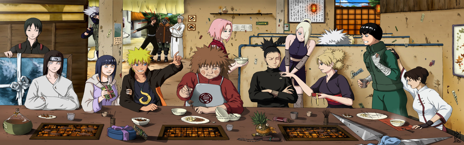 anime, manga, Hatake Kakashi, Naruto Shippuuden, Naruto Uzumaki, Sakura Haruno, Hyuuga Hinata, rock Lee, Nara Shikamaru, Hyuuga Neji, Akimichi Ch ji, Yamanaka Ino, Dieci dieci, Inuzuka Kiba, Aburame Shino, temari, ARTE, ricreazione, 3840x1200 px, prodotto, Sai
