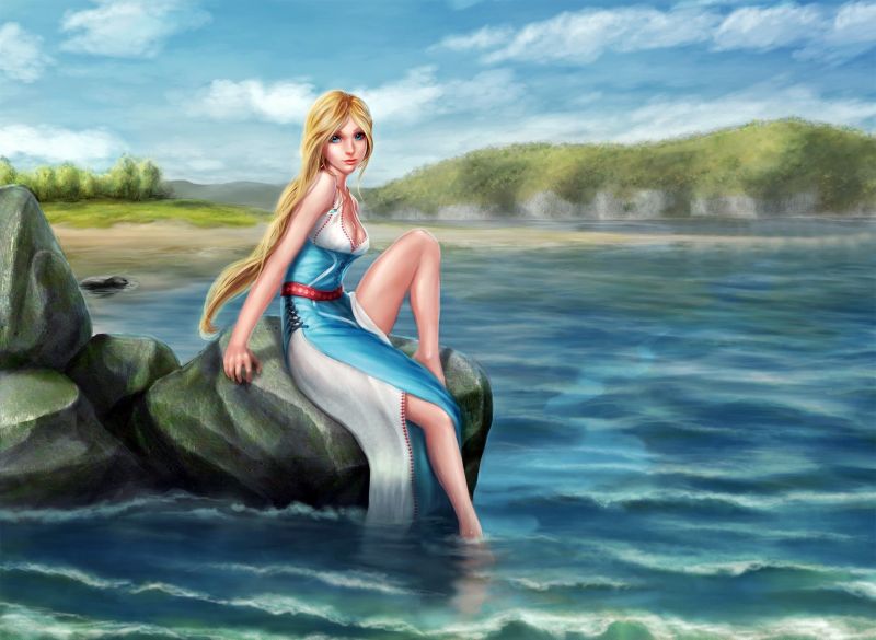 Fantasy art, bionda, capelli lunghi, mare, occhi blu, opera d'arte Fantasy art, bionda, capelli lunghi, mare, occhi blu, opera d'arte