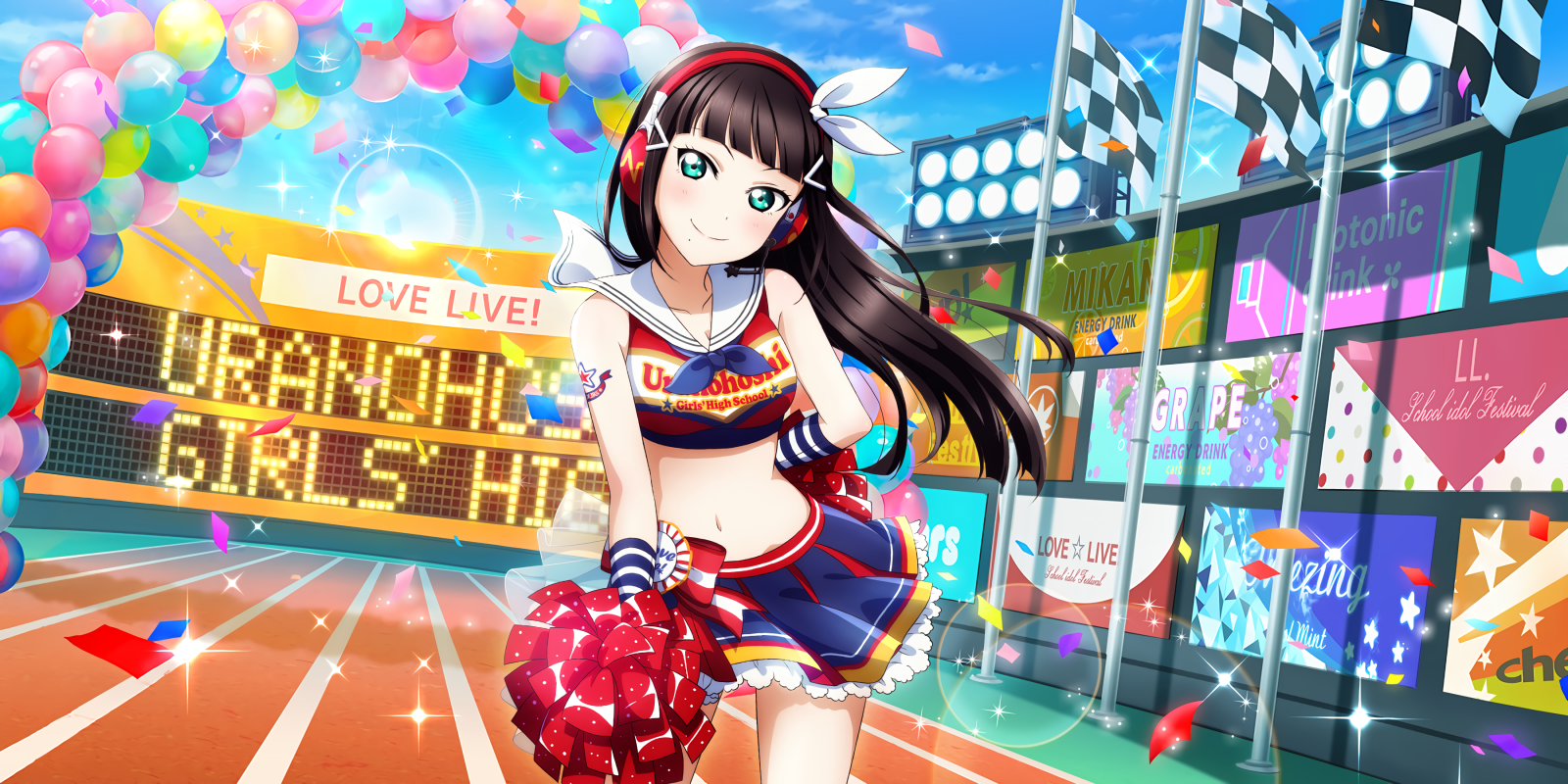 cartone animato, divertimento, ricreazione, tempo libero, uniforme cheerleading, capelli neri, divertimento, tecnologia, coscia, evento, dispositivo elettronico, blu elettrico, Ombelico, Animated cartoon, animazione, evento concorrenza, personaggio fittizio, fan, gamba umana, grafica, cheerleading, i giochi, idol giapponese, pantaloncini, pubblicità, illustrazione, cg artwork, anime, uniforme, finzione, stadio, disegno grafico, logo, impianto sportivo, dispositivo di visualizzazione, giochi al coperto e sport, gioco pc, reggiseno, partito, abbigliamento sportivo