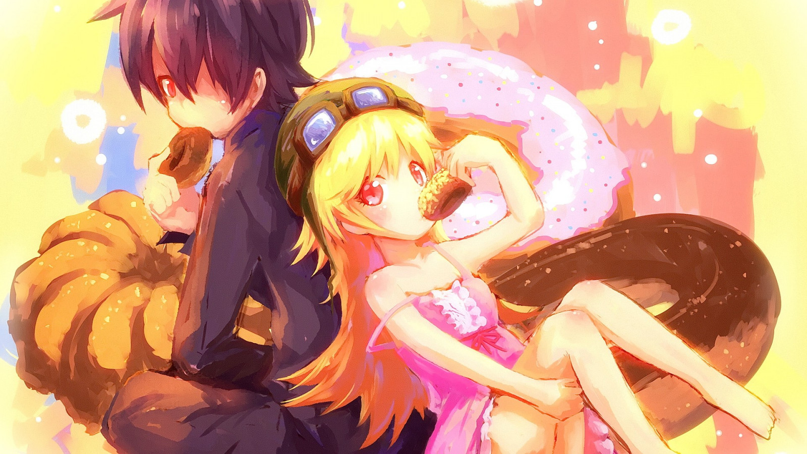 ilustracja, blond, długie włosy, Seria Monogatari, Anime, Dziewcząt anime, Patrząc na widza, Oshino Shinobu, Araragi Koyomi, Mangaka