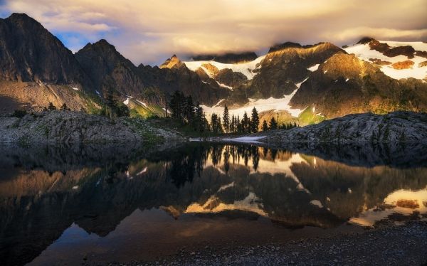 mountains, sunset, trees, landscape, sea, lake