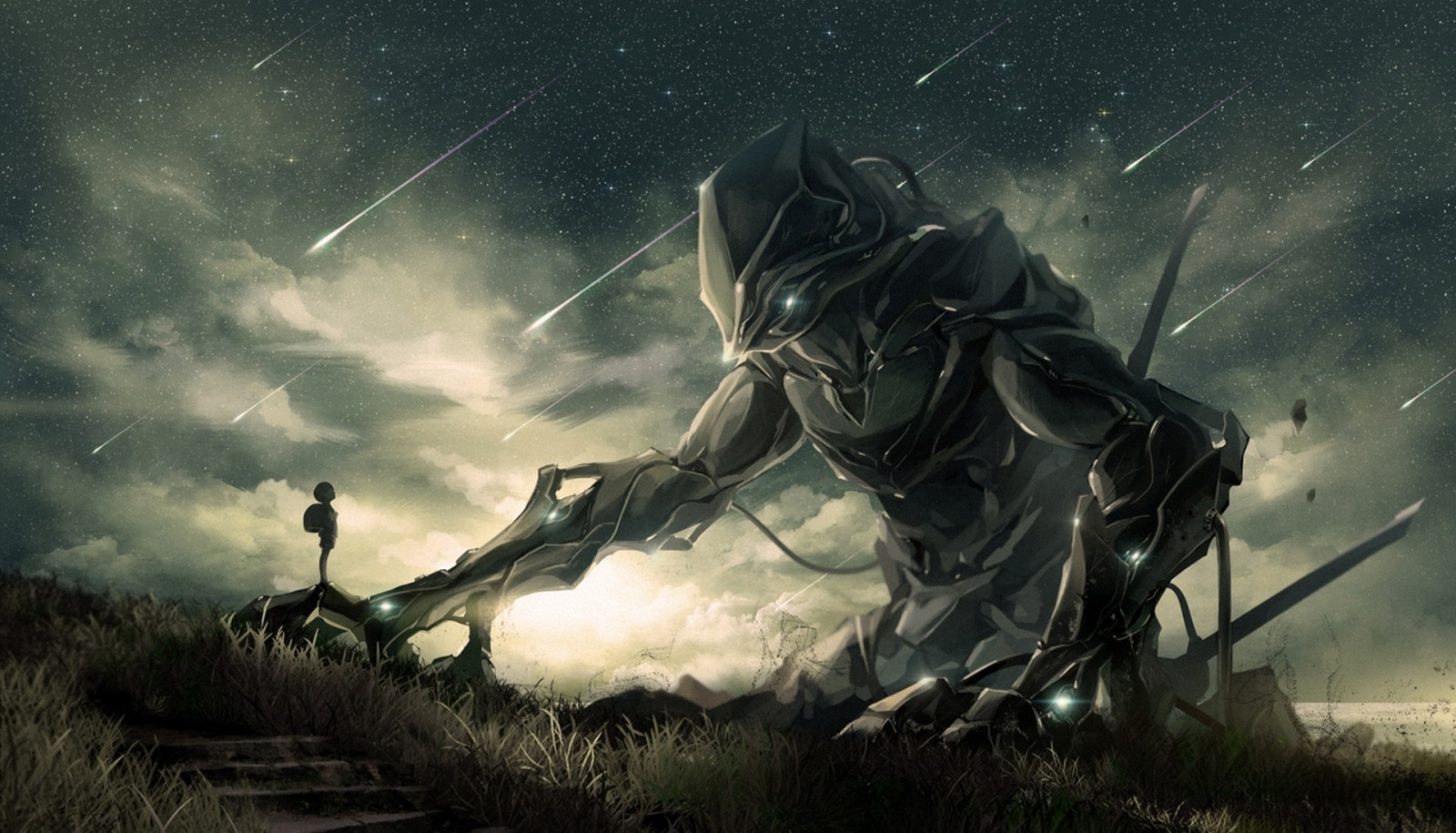 Fantasy kunst, græs, kunstværk, stjerner, mech, trappe, mytologi, spøgelse skib, mørke, skærmbillede, computer tapet, fiktiv karakter
