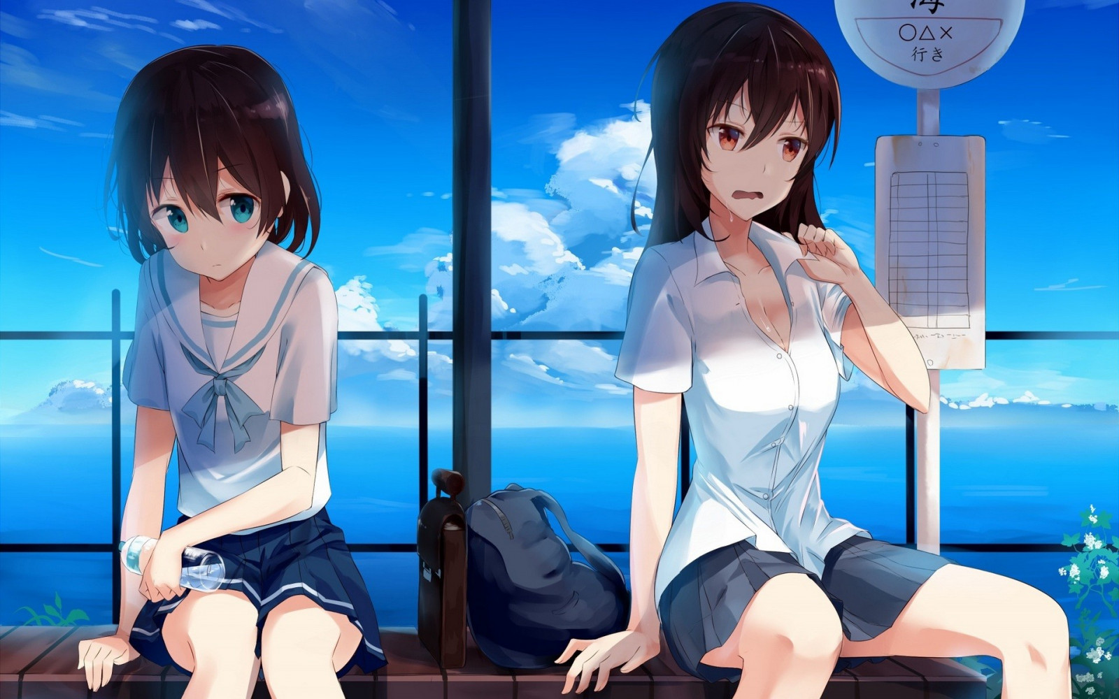 mare, anime, anime girls, cielo, nuvole, capelli neri, uniforme scolastica, personaggi originali, capi di abbigliamento, immagine dello schermo, mangaka