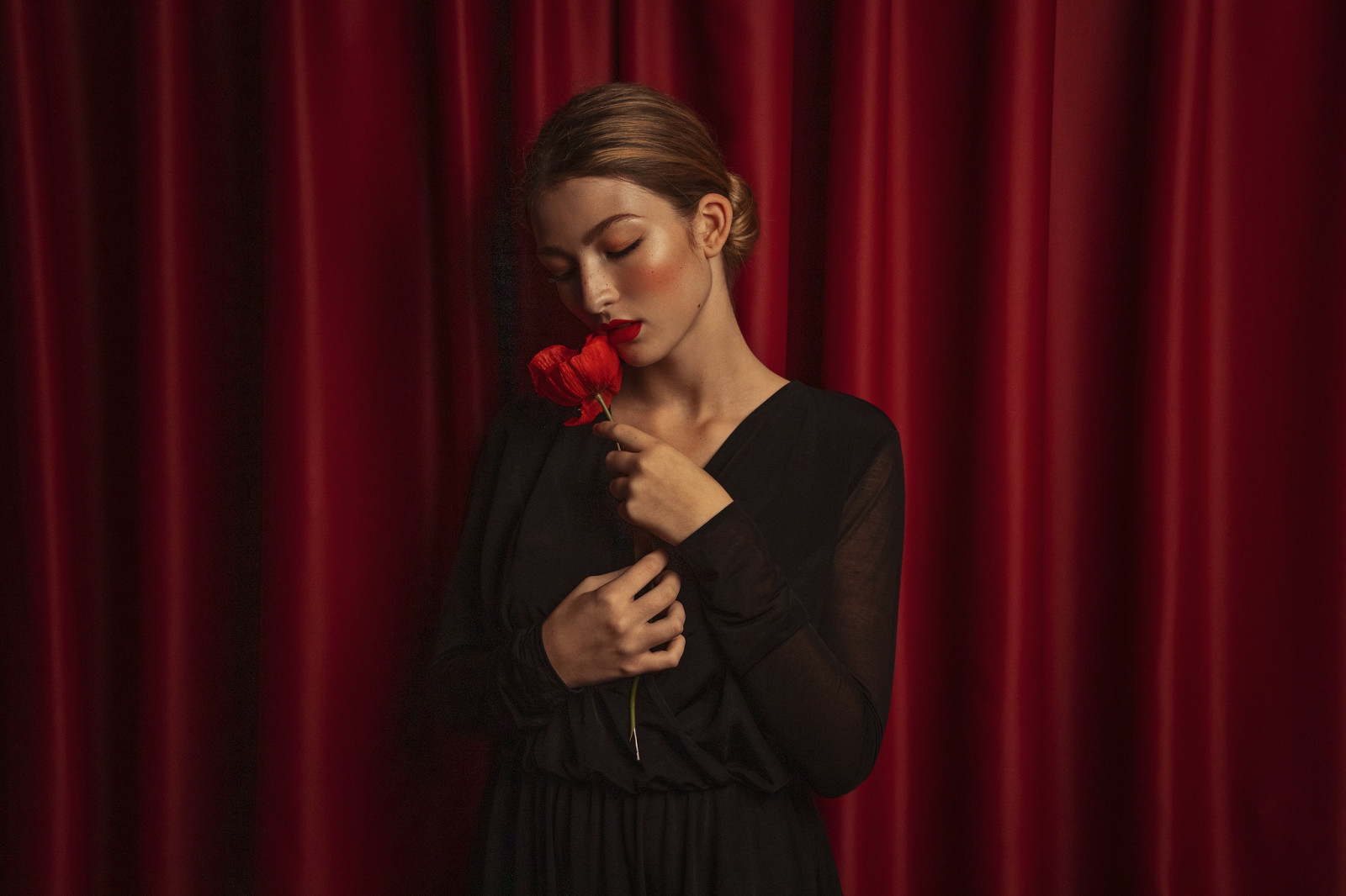 Wallpaper : women, model, portrait, red background, flowers 2048x1365 ...
