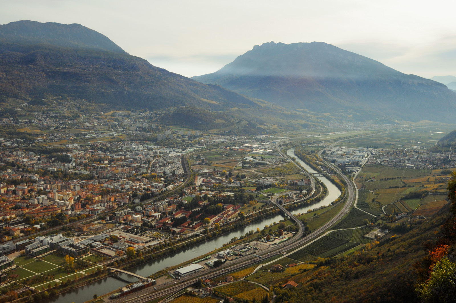 landskab, flod, by, tåge, bjerge