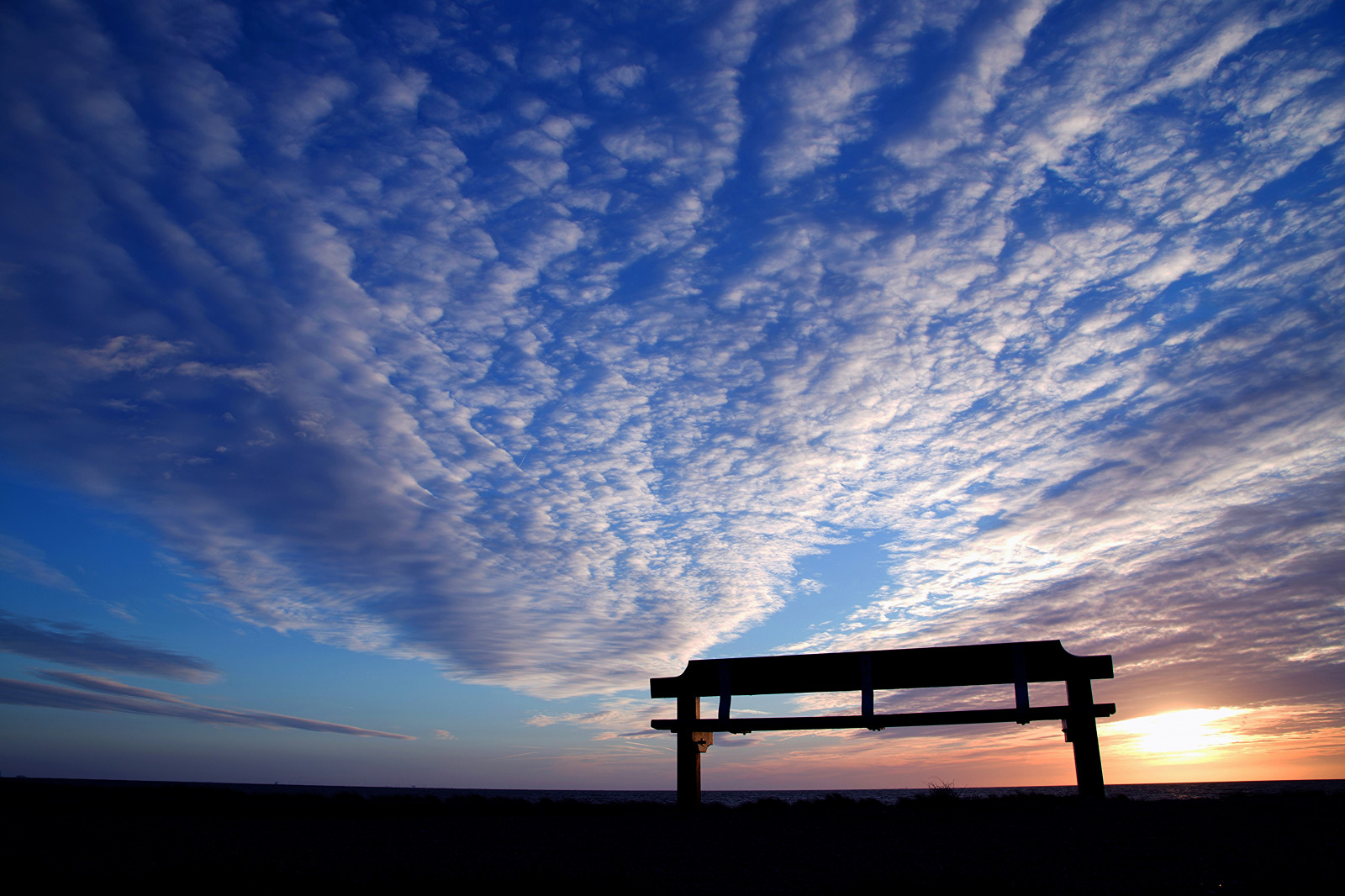Sonnenuntergang, Meer, Himmel, Seelandschaft, Bank, Dänemark, Lolland