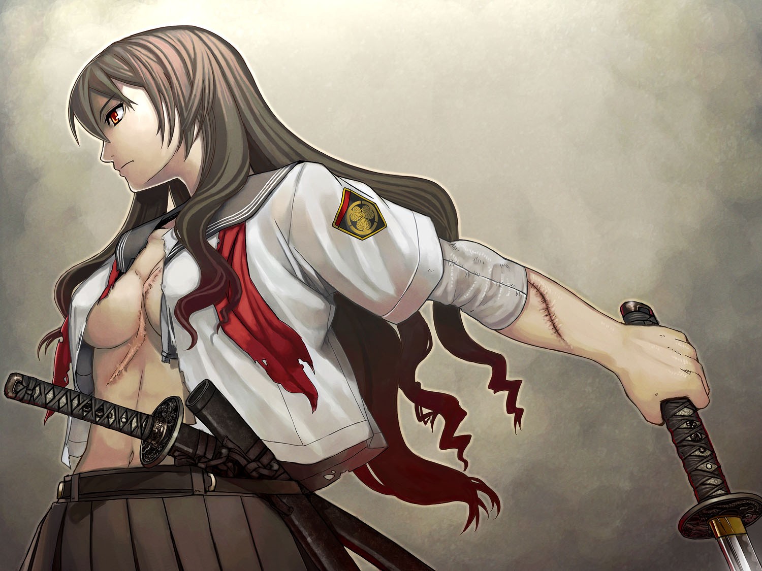 Wallpaper : long hair, anime girls, weapon, katana, red eyes, sword, open s...