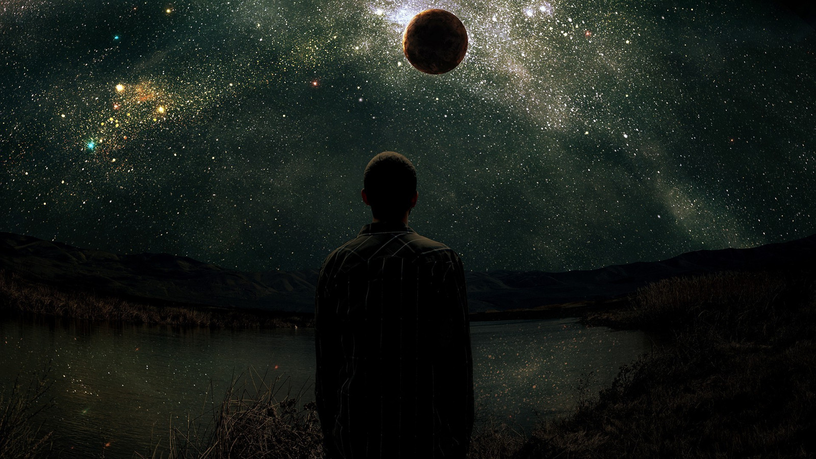 muži, fantasy umění, noc, galaxie, planeta, prostor, silueta, hvězdy, space art, měsíční svit, atmosféra, vesmír, astronomie, půlnoc, hvězda, tma, Snímek obrazovky, 1920x1080 px, vesmír, astronomický objekt