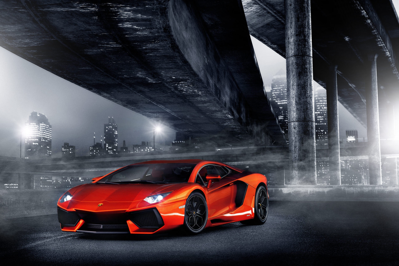 noc, světla, Aventador, sloupce, most, Lamborghini, oranžový, město