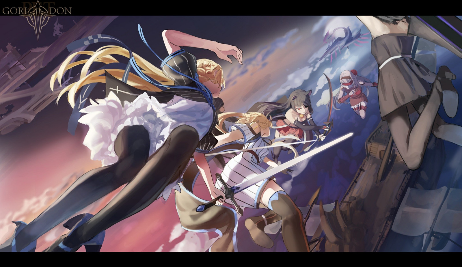 blond, Meer, lange Haare, Schwarzes Kleid, Anime, Anime Mädchen, Waffe, Strumpfhose, Kniestrümpfe, Rock, Schwert, Comics, Bildschirmfoto, Mecha