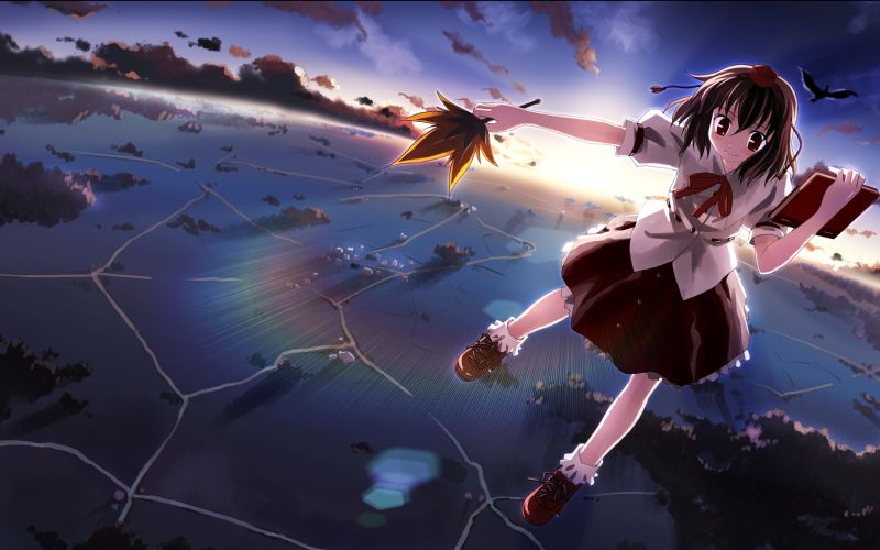anime, ragazza, riflessione, cielo, volante, foglia anime, ragazza, riflessione, cielo, volante, foglia