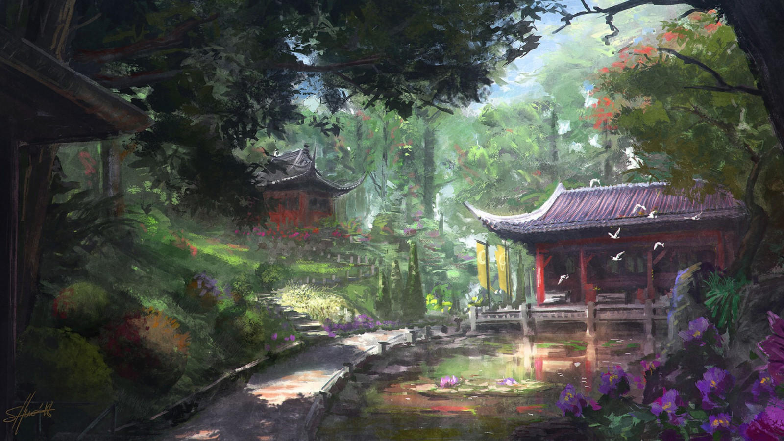 Wallpaper : garden, digital painting, ArtStation, nature, Asian ...