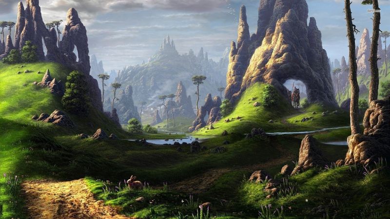 landschap, fantasy art, vallei, bomen, reflectie, gras landschap, fantasy art, vallei, bomen, reflectie, gras