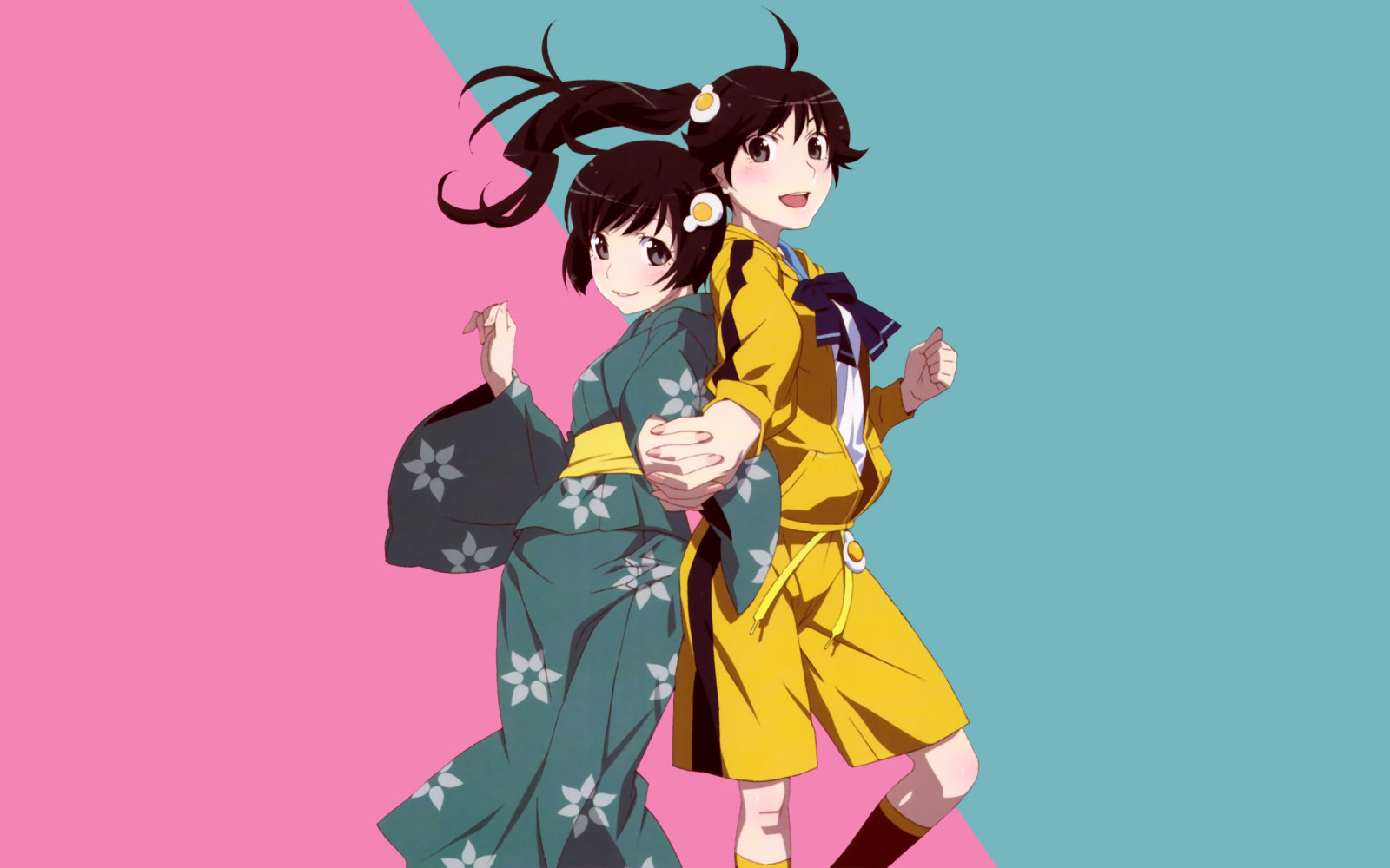 anime, anime dívky, jednoduché pozadí, Monogatari Series, Araragi Karen, Araragi Tsukihi, bruneta, yukata, hnědé oči