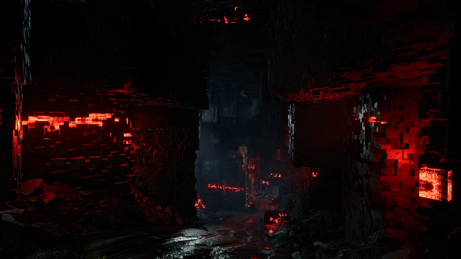 Guardians of the Galaxy Game, CGI, screen shot, cave, mine, red light, surreal, cubic, mud
