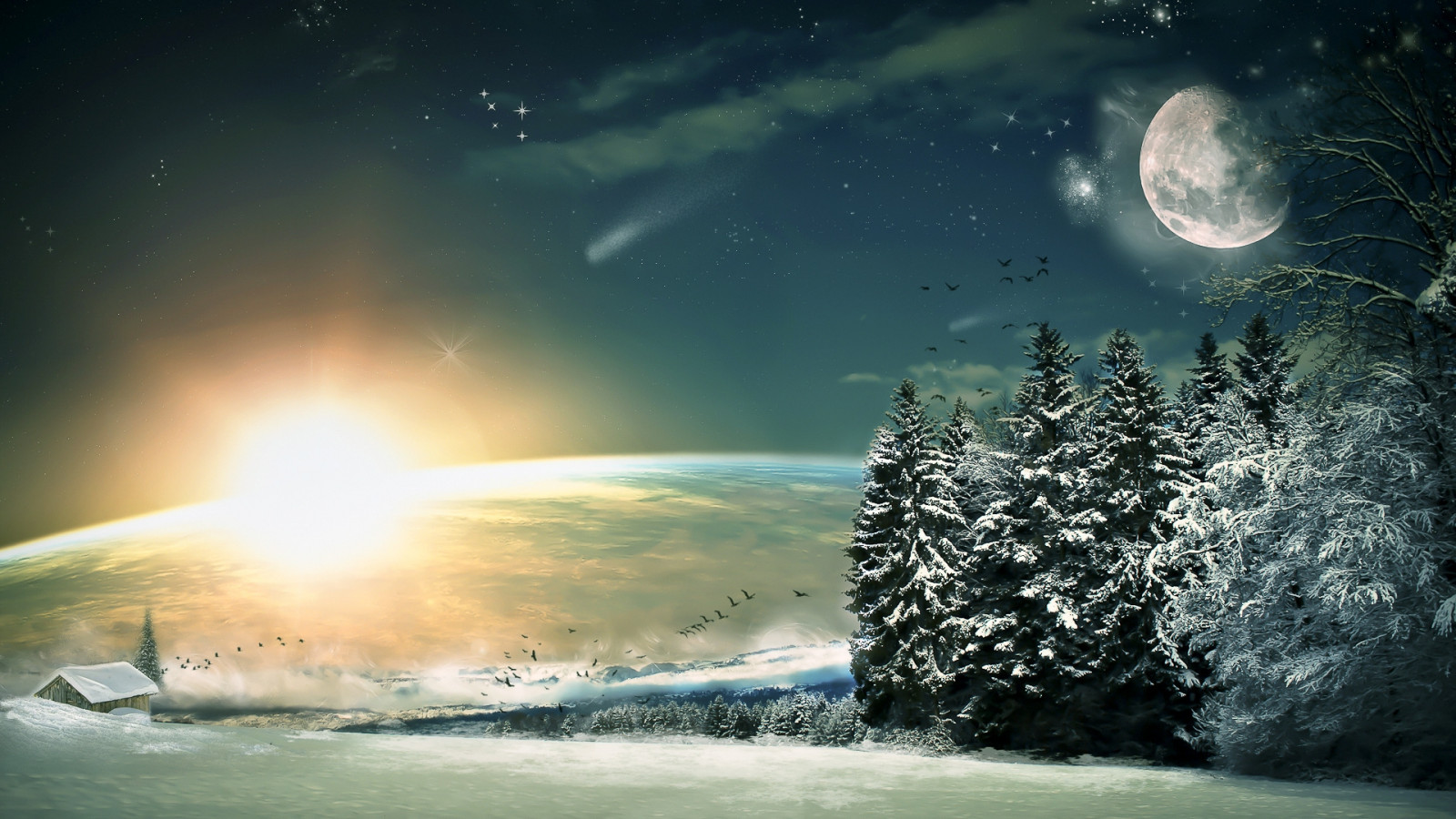 Moon, stars, night, fantasy, landscape, painting, ART, wood, winter