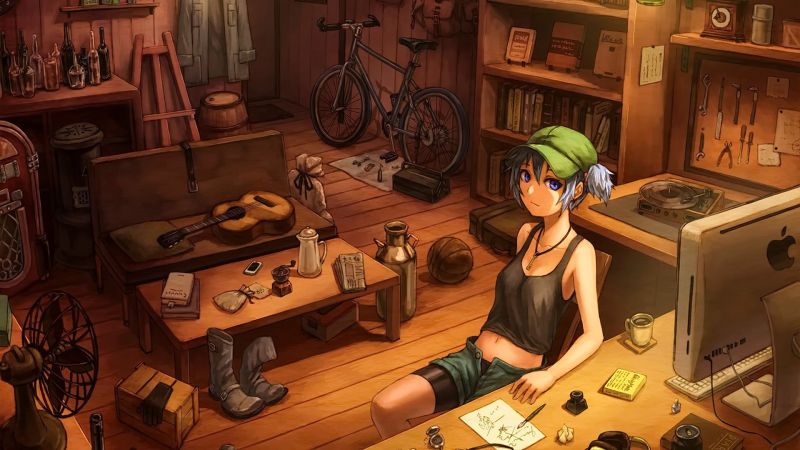 anime, Anime piger, kort hår, hat, blå øjne, Kigger på seeren