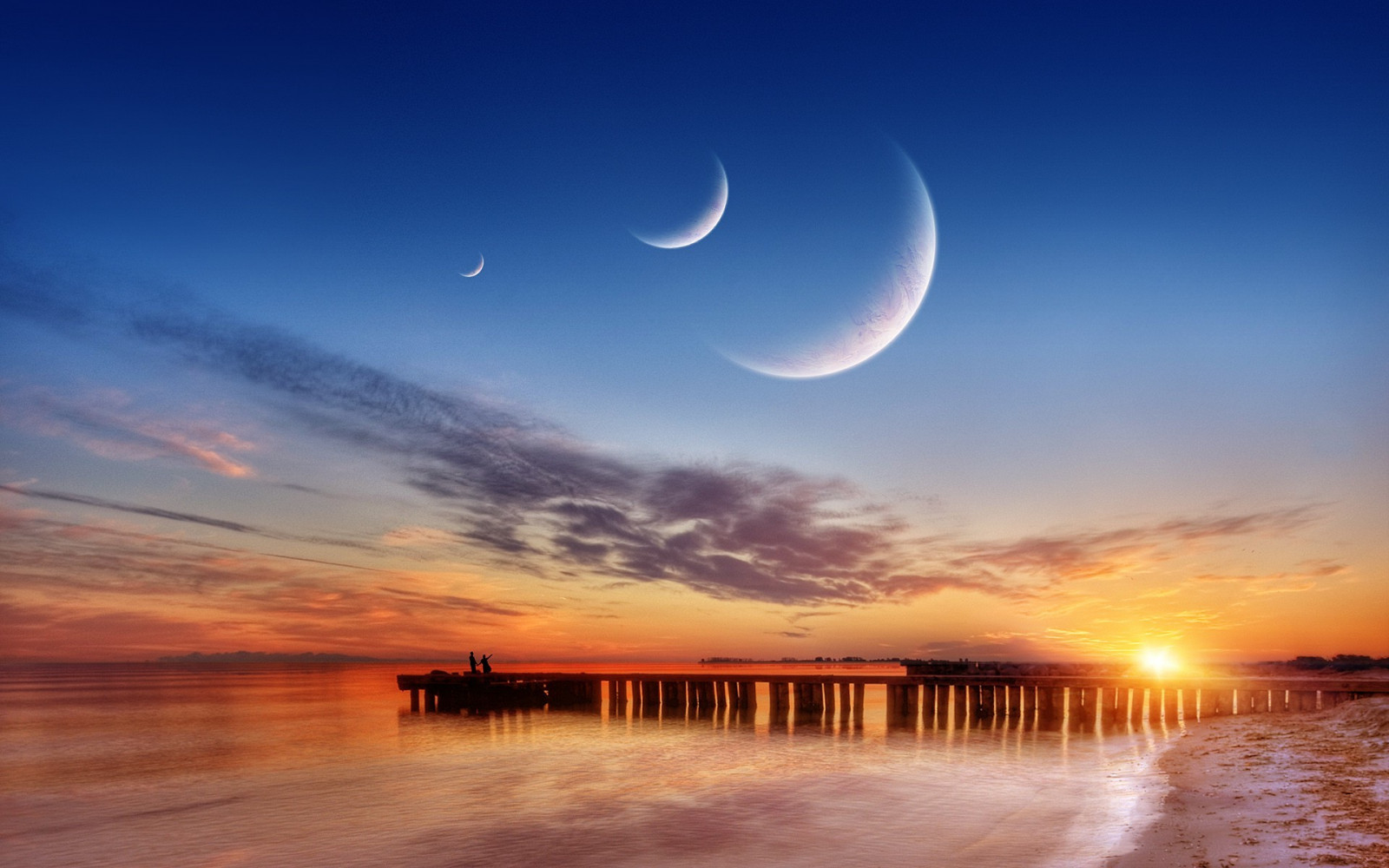 západ slunce, moře, voda, odraz, nebe, mraky, pláž, svítání, večer, ráno, pobřeží, horizont, atmosféra, molo, soumrak, mrak, svítání, vlna, 1920x1200 px, odlesk, astronomický objekt, půlměsíc