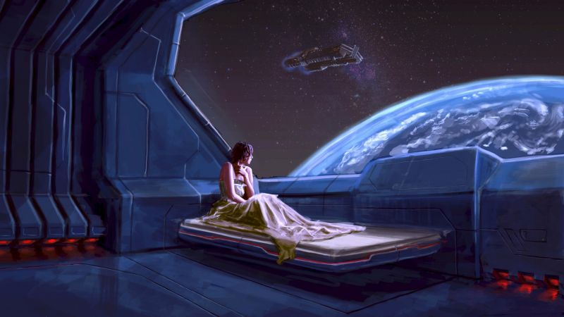 ženy, prostor, vozidlo, planeta, postel, futuristický ženy, prostor, vozidlo, planeta, postel, futuristický