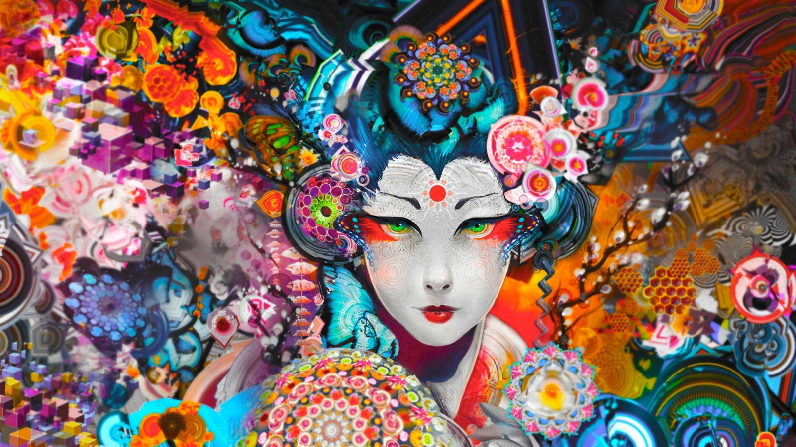 colorato, arte digitale, geisha, Carnevale, ARTE, colore, Festival, 1920x1080 px, l'arte psichedelica