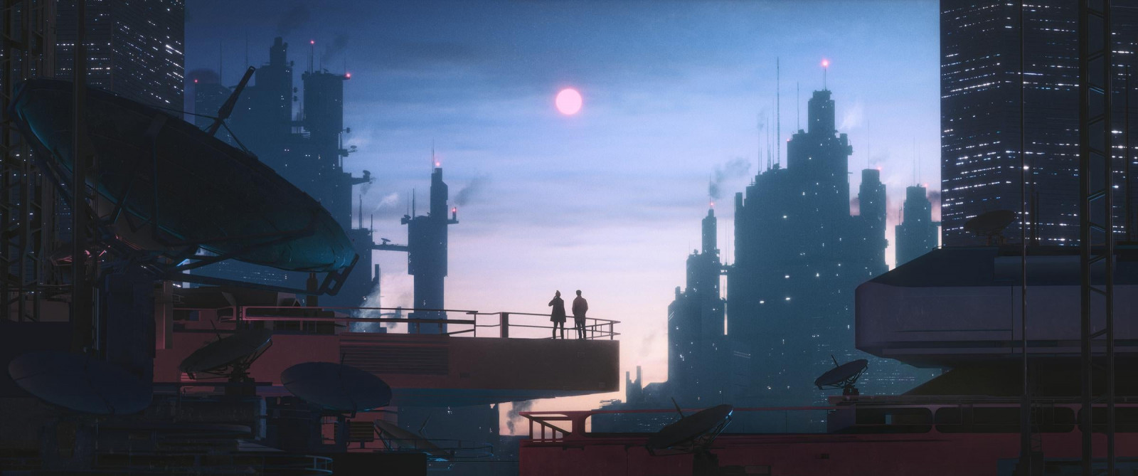 sky, atmosphere, skyscraper, cloud, tower, building, world, dusk, atmospheric phenomenon, morning, horizon, Moon, sunrise, tower block, city, cityscape, afterglow, darkness, evening, astronomical object, event, ART, dawn, midnight, night, spire, sunset, skyline, downtown, haze, celestial event, landscape, reflection
