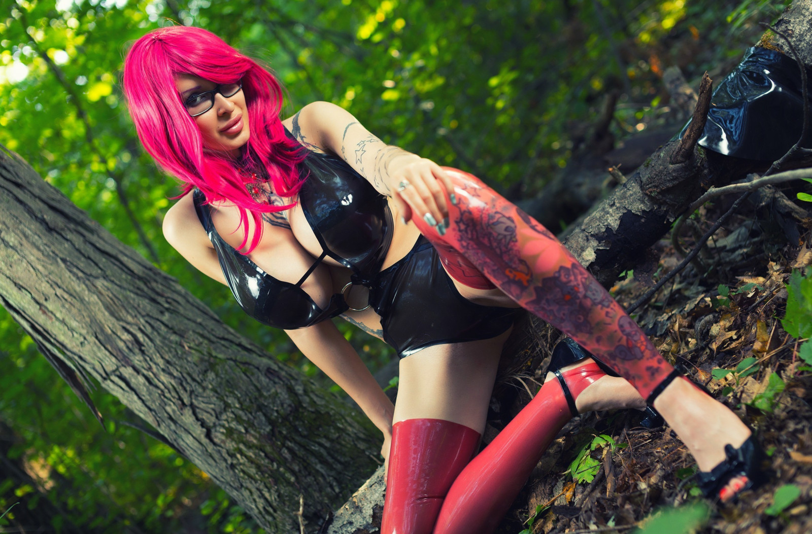 ženy, ryšavý, cosplay, model, anime, Červené, móda, džungle, latex, oblečení, Ariane Saint Amour, dívka, krása, žena, dáma, kostým, focení