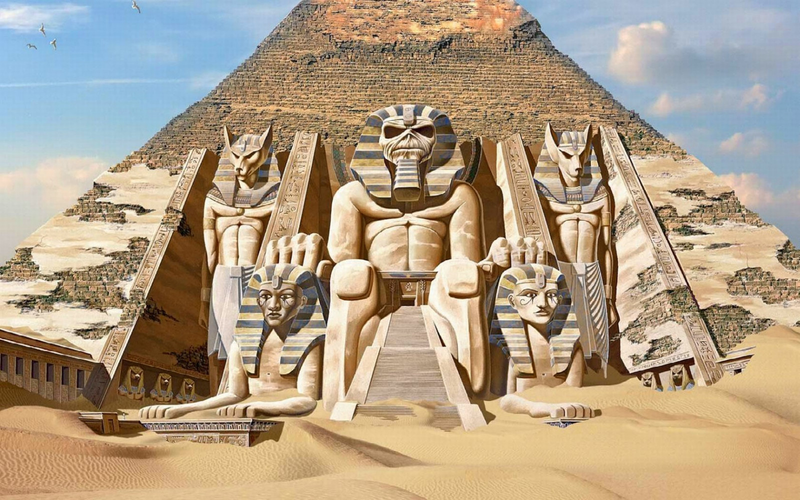 chrám, krajina, fantasy umění, písek, sochařství, poušť, albové kryty, pyramida, Egypt, Iron Maiden, Sahara, památník, Eddie, materiál, mezník, přírodní prostředí, dávná historie, historické místo, archeologické naleziště, vádí, hinduistický chrám, egyptský chrám