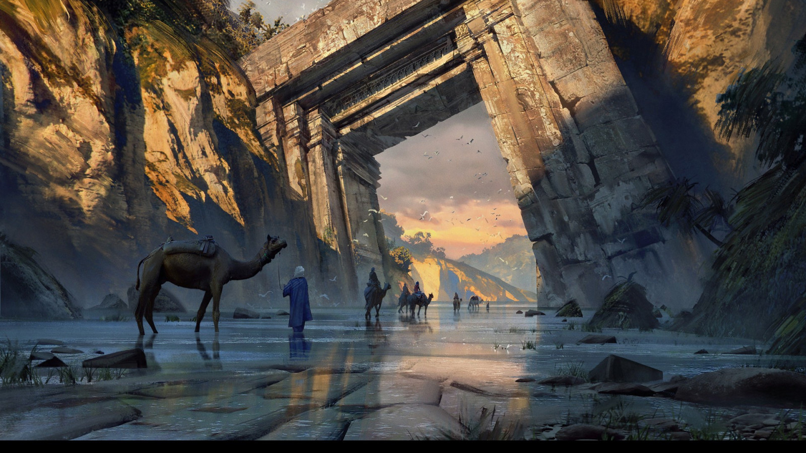 fantasy umění, velbloudi, kamenný oblouk
