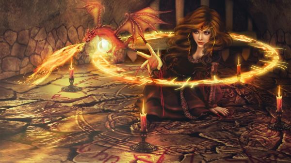 fantasy art, 1920x1080 px, candles, circle, digital art, dragon