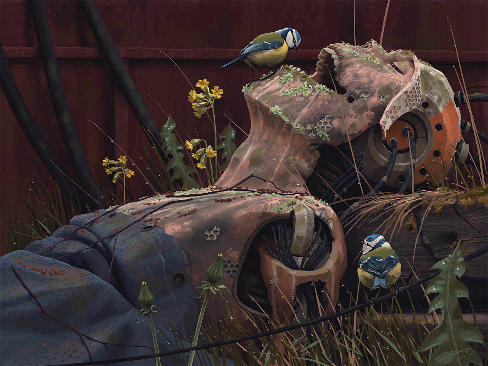 fugle, blomster, cyberpunk, robot, græs, køretøj, kunstværk, rust, metal, Simon St lenhag, tegneserier, androider, titmouse, Simon Stalenhag, skærmbillede
