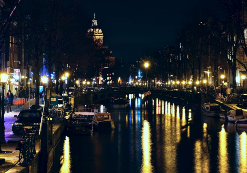 riflessione, notte, acqua, città, corso d'acqua, corpo d'acqua