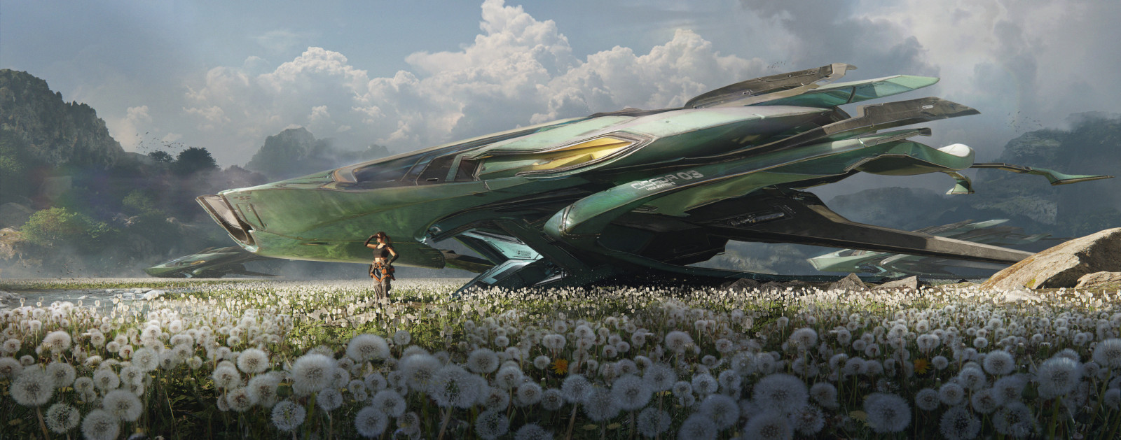 digitální, digitální umění, umělecká díla, ilustrace, kosmická loď, krajina, mraky, pole, pampeliška, sci-fi, ženy, hory
