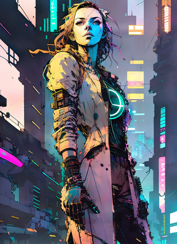 artwork,inkpunk,cyberpunk,ai art,Pink jacket,fantasy girl