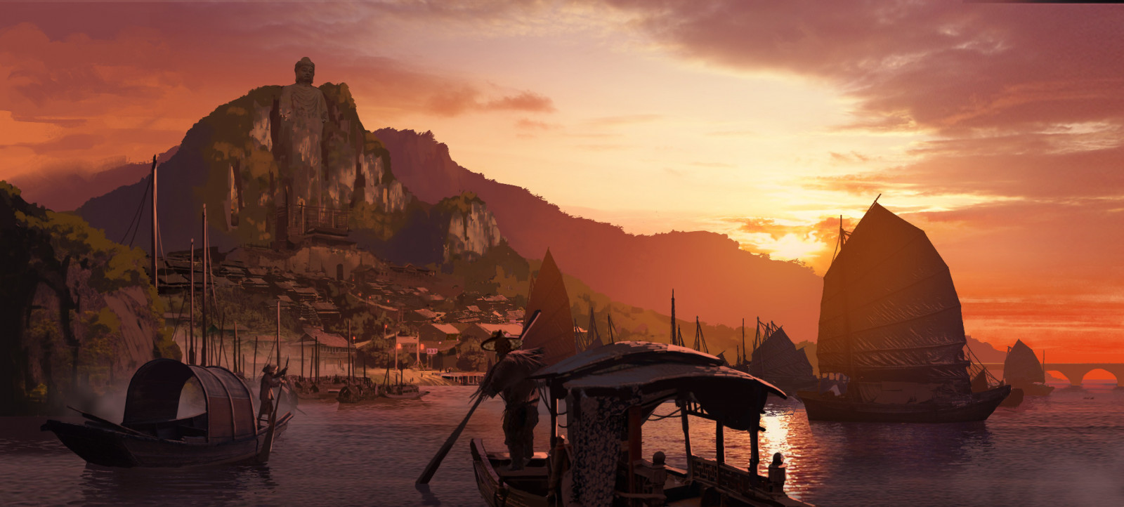 karya seni, seni digital, pegunungan, matahari terbenam, danau, perahu