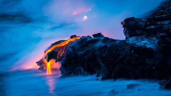 rocks,lava,clouds,mist,shore