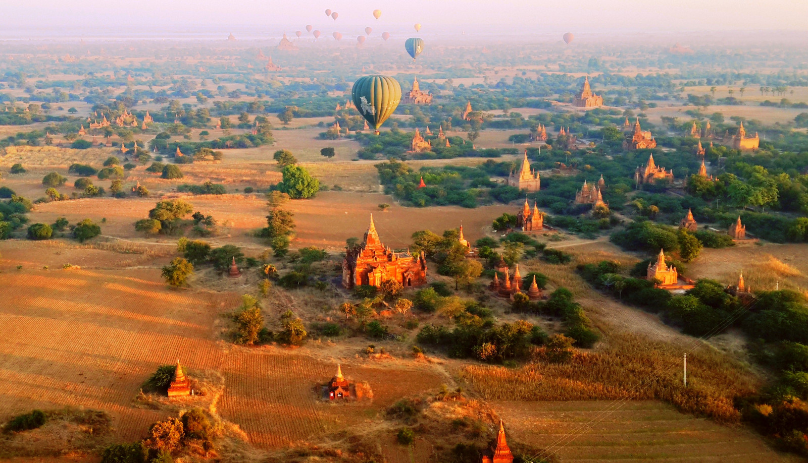 panoráma, svítání, krajina, chrám, pagoda, zřícenina, Burma, balón, horkovzdušný balón, Myanmar, Bagan