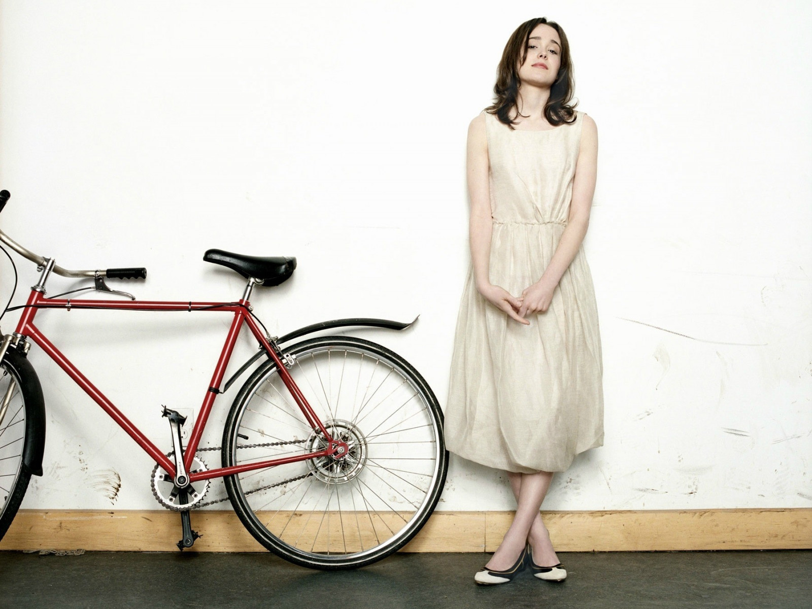 bílý, ženy, jízdní kolo, vozidlo, šaty, móda, jaro, Ellen Page, kolo, focení, sportovní vybavení