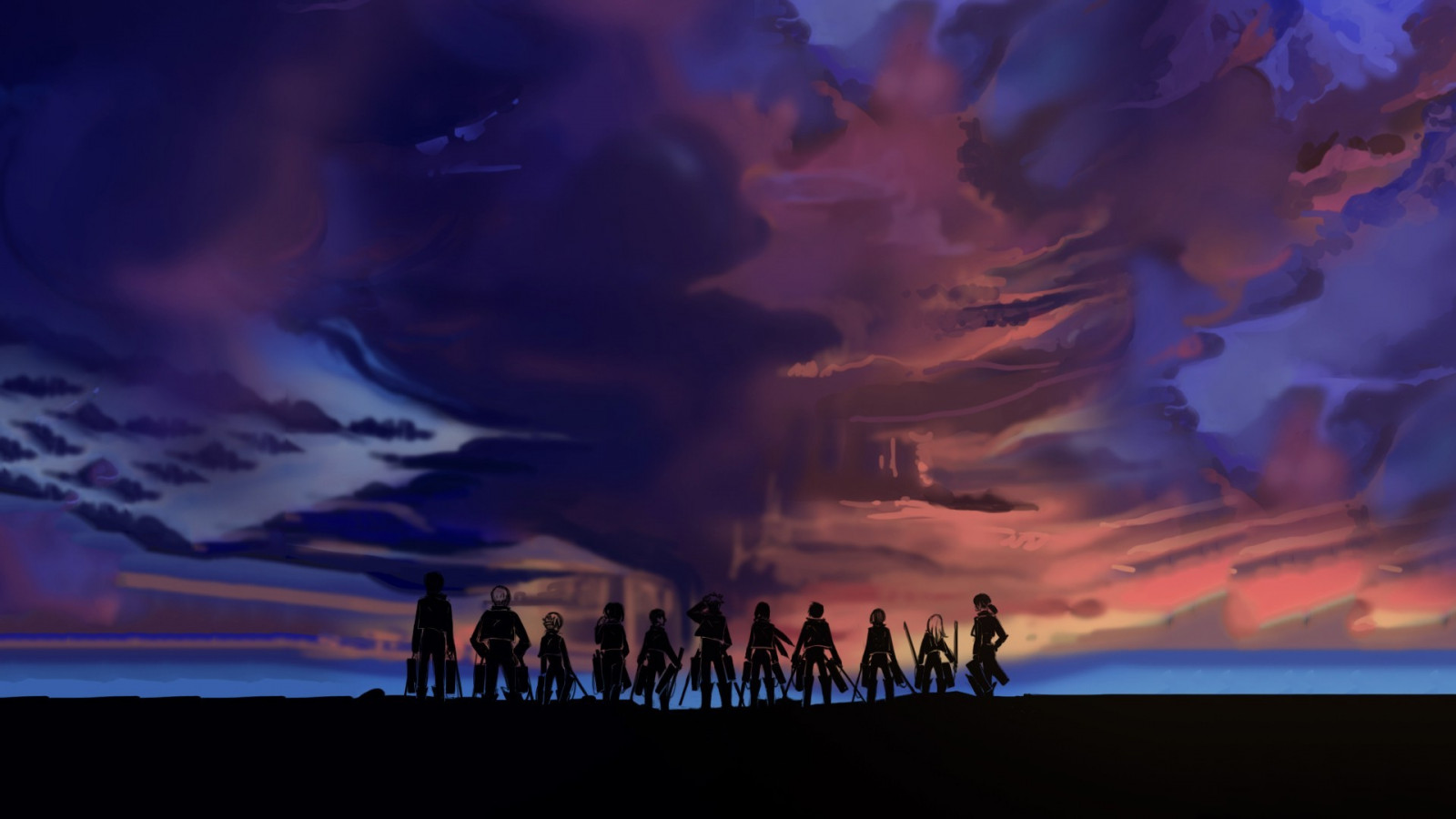 krajina, západ slunce, moře, noc, anime, nebe, uklidnit, Blesk, večer, vítr, horizont, Shingeki no Kyojin, atmosféra, soumrak, půlnoc, mrak, svítání, tma, Snímek obrazovky, 1920x1080 px, počítač tapeta, odlesk, zvláštní efekty, geologický fenomén, červená obloha v dopoledních hodinách, meteorologický jev, kupa, jev