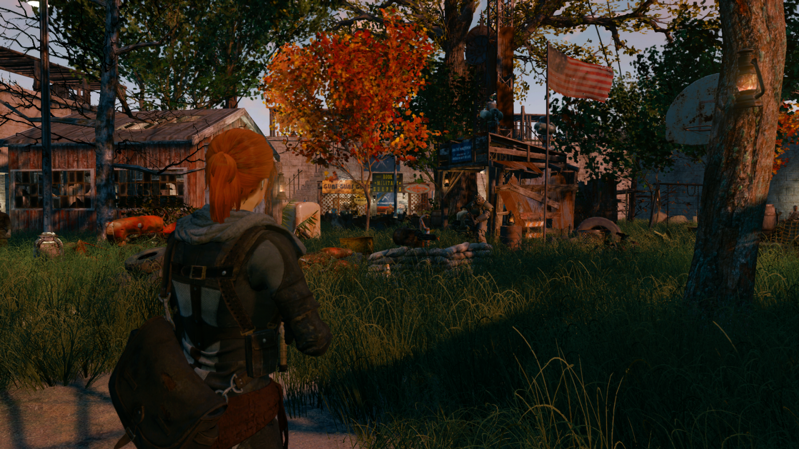 večer, Fallout 4, Xbox One, strom, podzim, sezóna, Snímek obrazovky, středověk